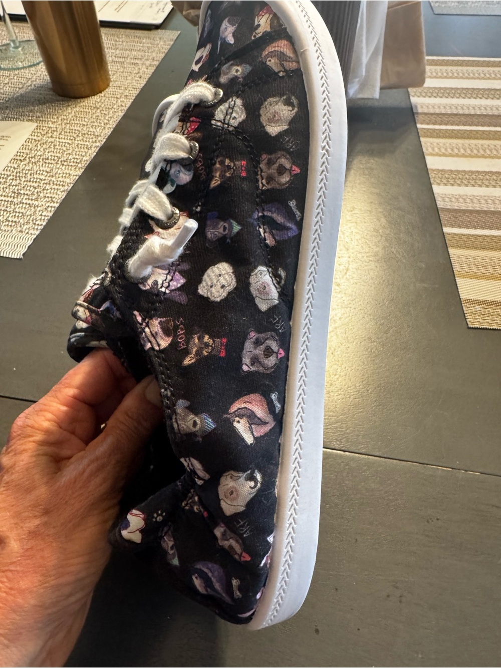 Skechers BOBS black canvas sneakers with multicolor dog print white accents 9.5. - Picture 7 of 12